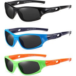 KASTWAVE Durable Polarized Sunglasses for Kids, 3 Pack Unbreakable Sports Shades for Boys and Girls, Ages 3-10, Perfect for Outdoor Adventures