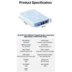Magnetic Mobile Power Bank, 10,000 mAh Wireless Portable Charger, 22.5W Fast Charging Battery Pack with USB-C, Mobile Holder, Digital Display, iPhone & Samsung Series