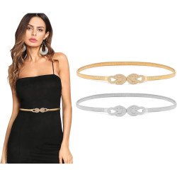 Skade Women Metal Skinny Belt, 2 Pcs Elastic Thin Waist Belts for Dress Stretch Dress Belt Gold and Silver