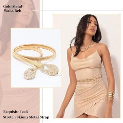 Skade Women Metal Skinny Belt, 2 Pcs Elastic Thin Waist Belts for Dress Stretch Dress Belt Gold and Silver