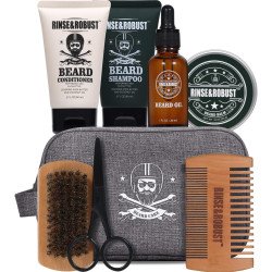 Rinse & Robust 8Pcs Beard Growth Kit for Men Beard Care Set with Traveling Bag Beard Grooming Wash & Beard Conditioner Kit Valentines Gift for Men Beard Trimmer, Brush,Comb, Traveling Bag