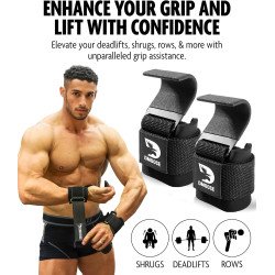 Heavy Duty Weight lifting Hooks for Men & Women (Pair), Non-Slip Grip with 500 Lbs Capacity, 8mm Thick Wrist Padding - Weight Grips for Shrugs, Rows & Deadlifts - Gym Workout with Pull Up Hooks